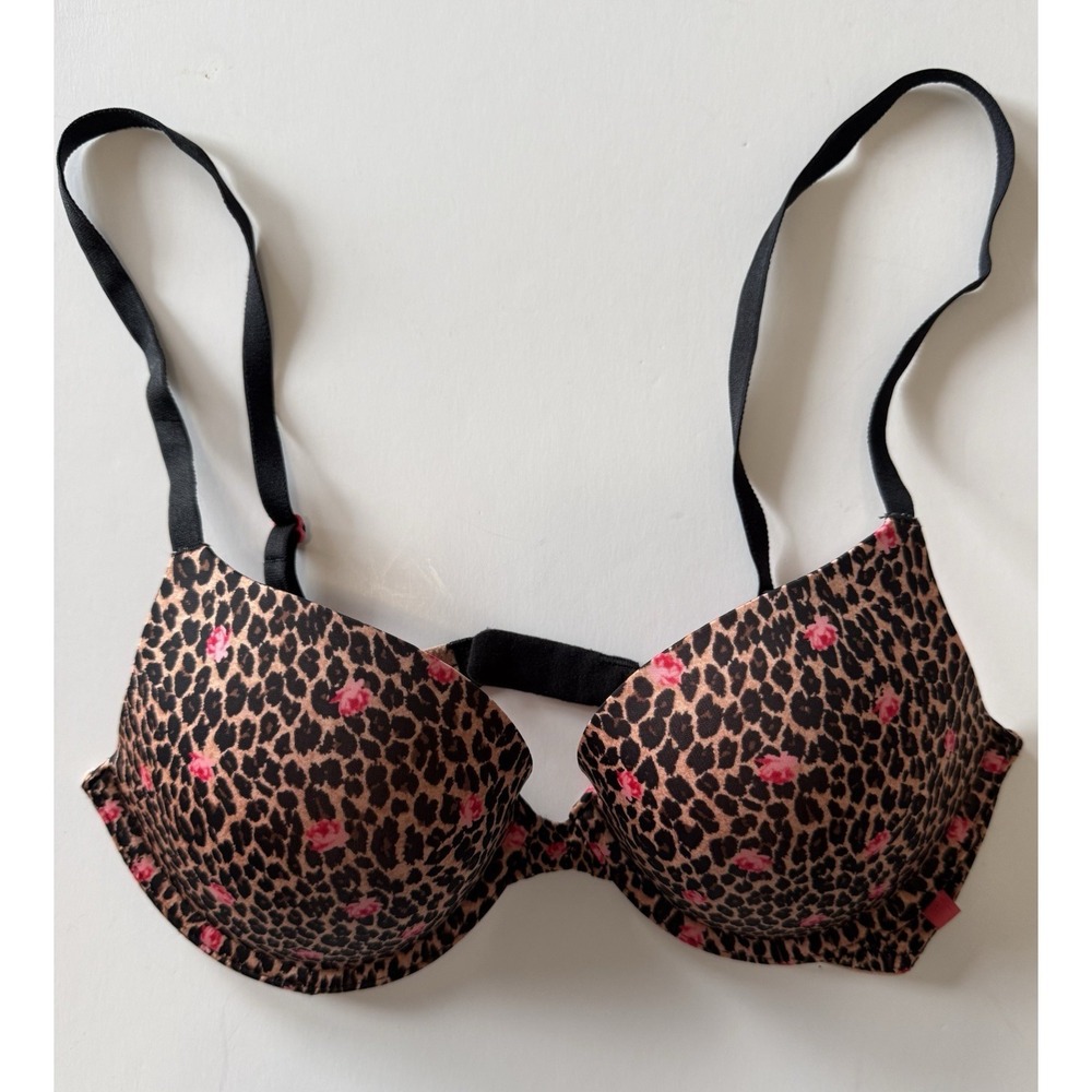 Victoria's Secret Leopard Floral Push Up Bra Padded Animal Print Adjustable 32D - Picture 4 of 15